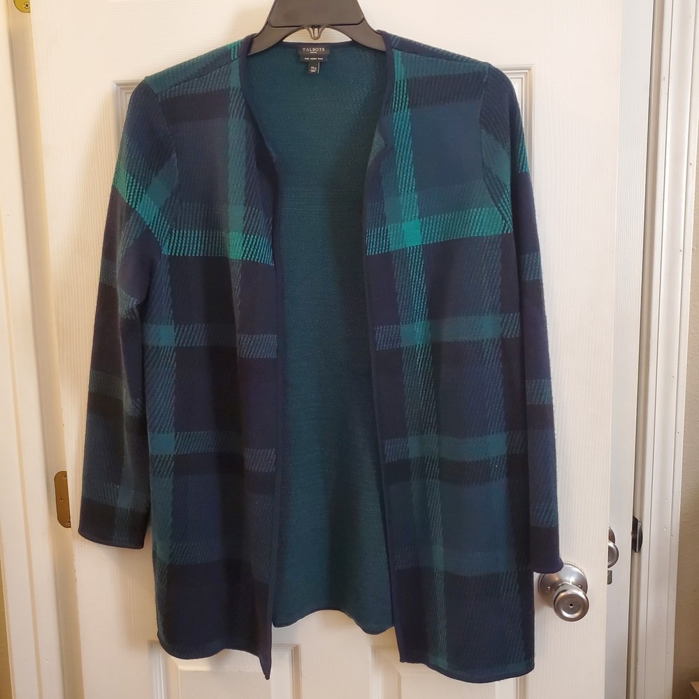 Talbots sz XLP green tartan‎ plaid merino wool long open front cardigan classic